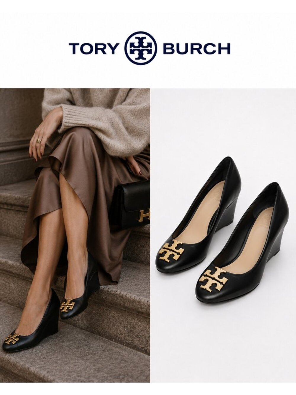 Tory Burch Black Leather Double T Logo Wedge Pumps Gold Hardware Size 6M